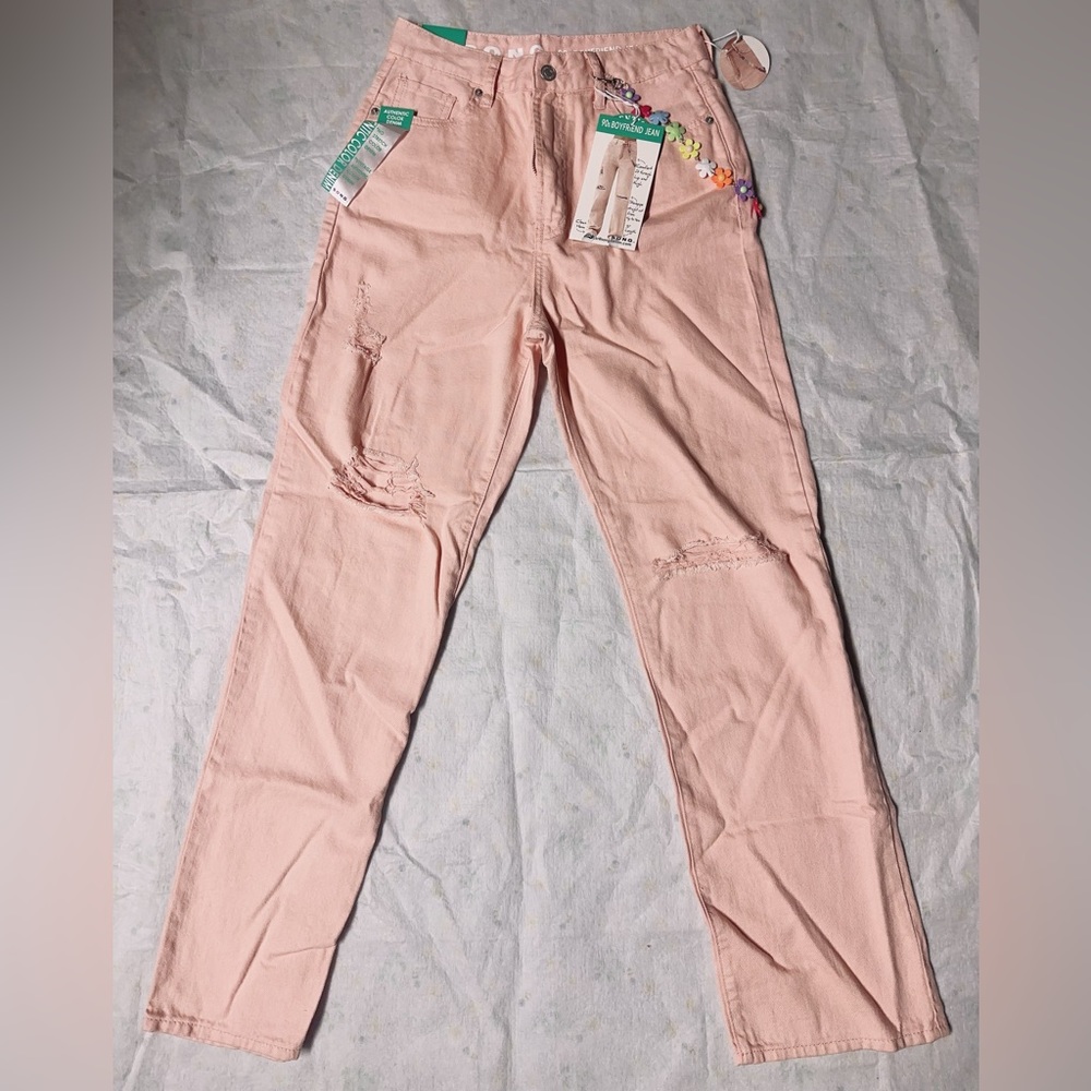 S. O. N. G. AUTHENTIC COLOR pink DENIM 90s BOYFRIEND JEAN with chain new w/ tag